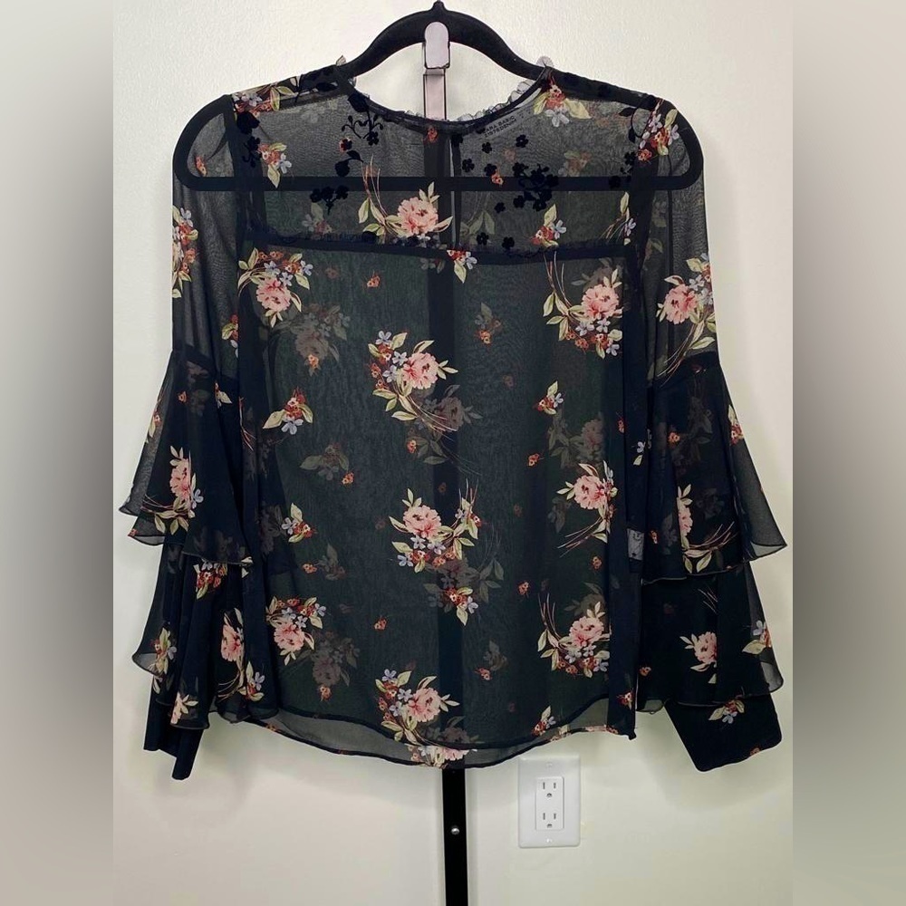 Zara Women Cut Out Flared Sleeve See Through Black Floral Blouse - Picture 1 of 9